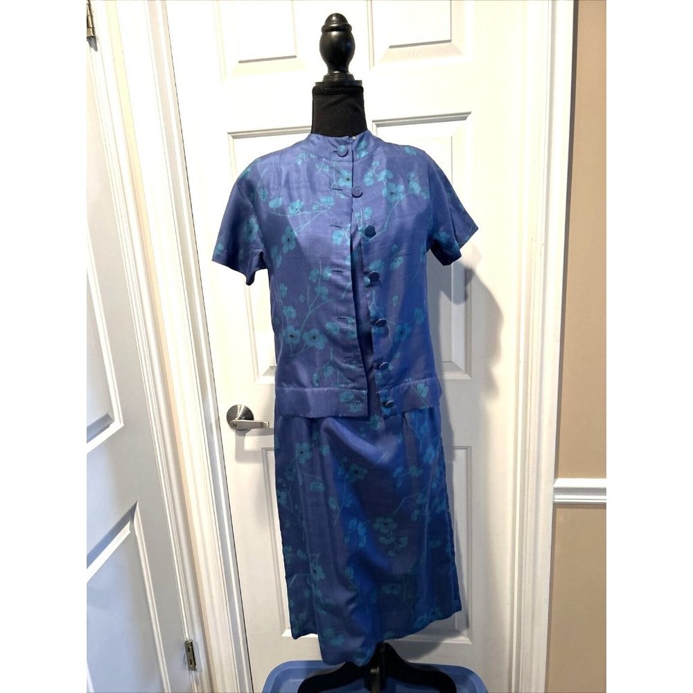 Vintage 60s  Jonathan Logan Sheath Dress Small Blue Asian Look with Jacket